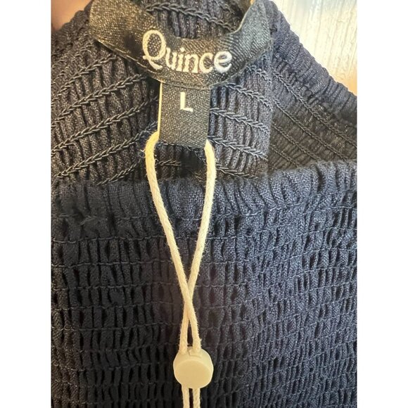 Quince 100% European Linen Smocked Mini Dress Large Navy Blue Puff Sleeves - Picture 7 of 10